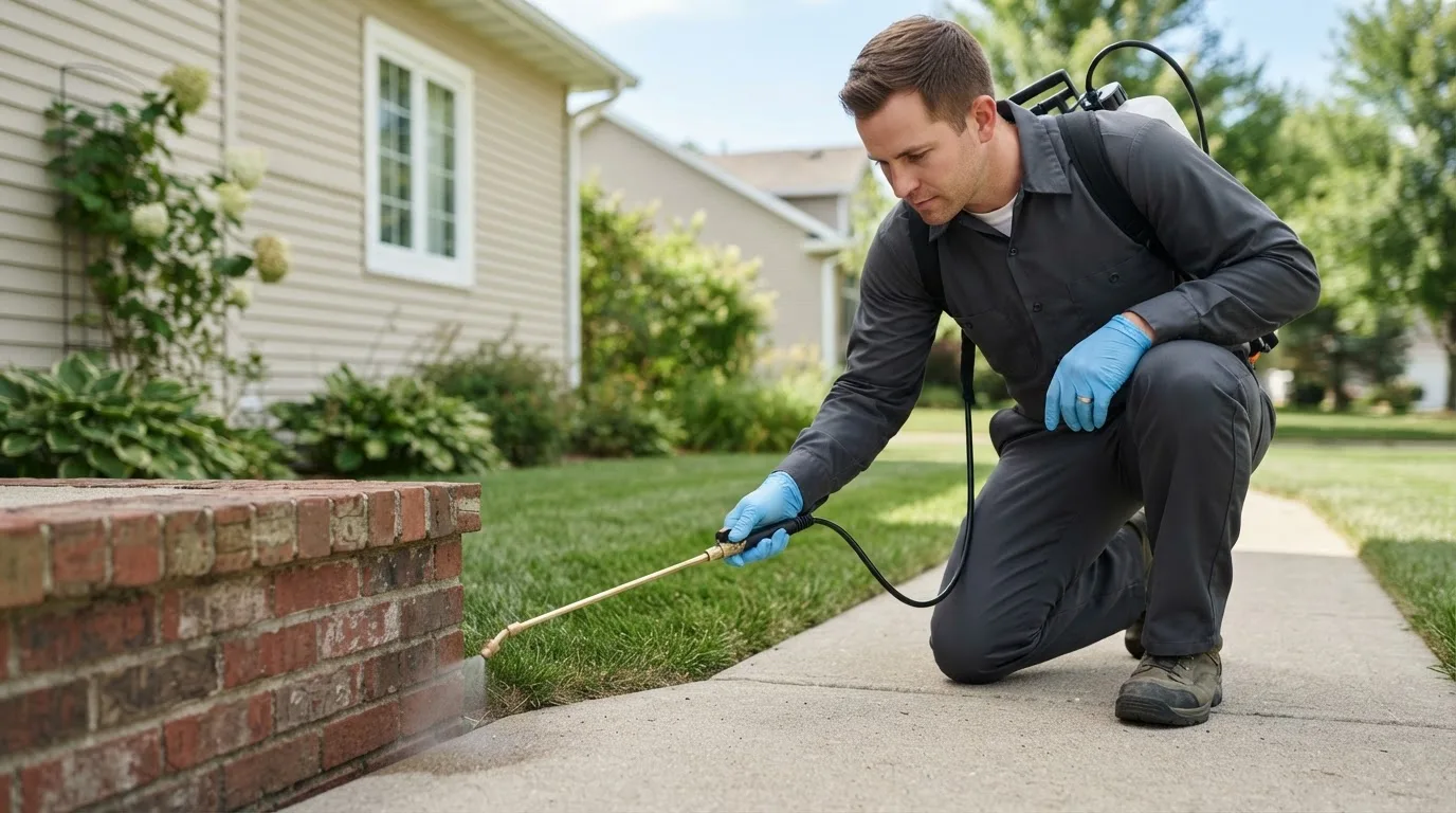 Pest control technician treating a home near Leo, IN